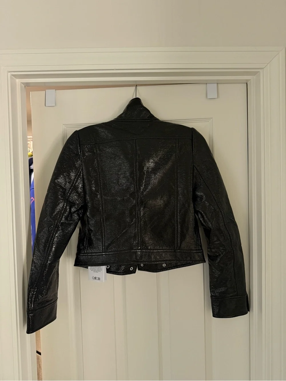 Courreges Black Cropped Reedition Vinyl Jacket with White Logo Detail Size 34